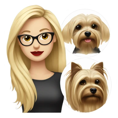 White girl, blonde hair, eyes closed, red lipstick wearing glasses hugs Yorkshire terrier  sticker