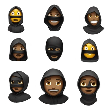 crée moi des emoji qui porte une capuche noire et un masque noir on ne vois pas sont visage et donne leur a chacun des interaction différente par exemple un qui pleure ou qui levé la main qui reflechie cree en plusieur sorte sticker