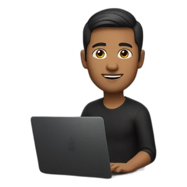     memoji of a man with a laptop in front, apple-style,modern,dark hair,black sweater,computer in hand, srilankan brown skin, sitting on his desk sticker