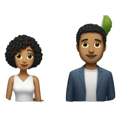a small house with trees and a women with black short curly hair and a man golden skined and hair with a heart in the middle on top sticker