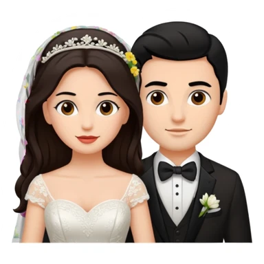 A bride and a groom. The woman is with dark brown hair, the man with black  sticker