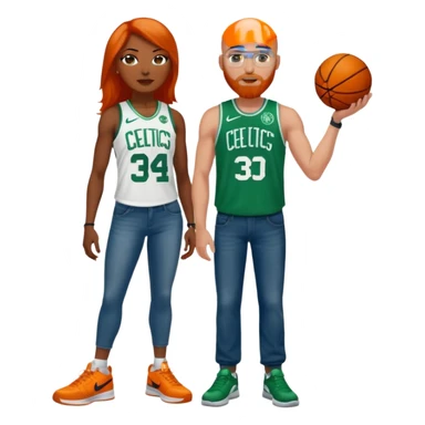 A Bald white man with blue eyes, an orange beard, a Jason Tatum jersey, jeans and green/white Nike sneakers. 

48-year-old dark skin black woman with brown eyes, long dark brown hair dressed in sexy Boston celtics outfit & wearing stilettos. sticker
