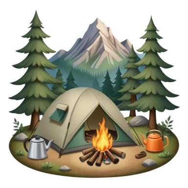 Icon for Hiking: a tent, and a kettle over a campfire, surrounded by trees and a mountain trail, a backpack, a walking stick. The icon should capture the adventure and warmth of camping. Transparent background. sticker