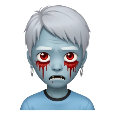 emoji-style avatar with very pale blue-grey zombie skin like , a young Asian face, and large eyes with blood tears. Give it white mullet-style hair, silver hoop earrings, and a simple black T-shirt. The expression should be neutral or slightly angry sticker