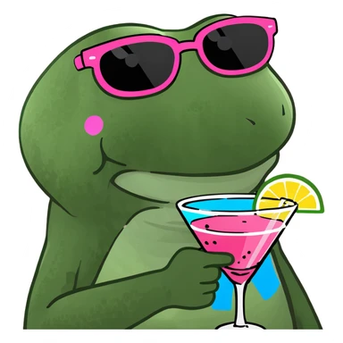 bufo frog with oversized pink sunglasses holding a rainbow cocktail smiling sticker
