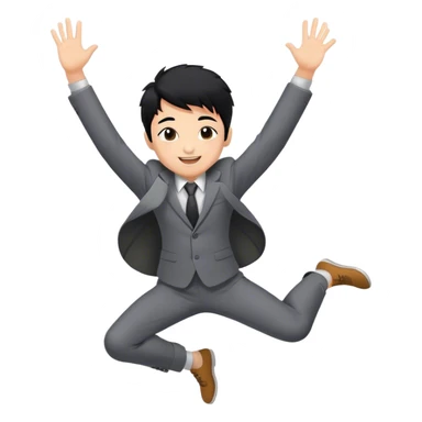 A business man boy who is happy and jumping high with hands up and hurray with black grey suit sticker