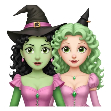make an emoji of the green wicked witch standind behind the good witch Glinda and being overly protective looking angry and glinda looking happy sticker