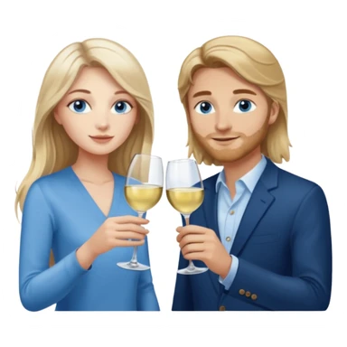 A woman with blue eyes and long balayage brown blond hair and a man with blue eyes and light brown hair, they toast to each other with a glass of white wine.  sticker