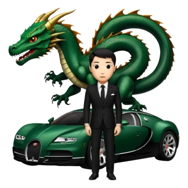 mysterious scenery: green audemars piguet watch (without text), black bugatti, and a dark green dragon, and a mysterious chinese agent from The Matrix with his eyes censored sticker