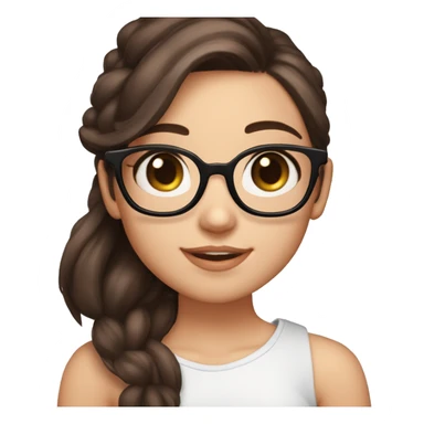 a beautiful girl, cute girl, pink cheeks, dark brown hair, cute face, pink cheeks, hazel eyes, long hair, smiling, hearts on side, emoji, glasses, white skin, black glasses, eyes half closed, sticker