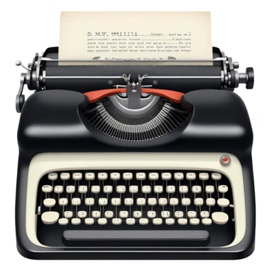 Create an emoji representing screenwriting. The design should feature an open script with visible dialogue and action lines, symbolizing the writing of a screenplay. Include a classic typewriter or a modern writing device, such as a laptop, to signify the process of creating a script. Add a movie camera next to the script to emphasize the cinematic aspect of screenwriting. Use a professional color palette with black, white, and subtle metallic tones. Do not include any emojis or smiley faces. Make the background transparent. sticker