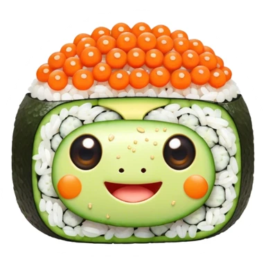 Cute Kawaii California Roll, tiny and round, cute layers of avocado, crab, and cucumber, wrapped in bright orange fish roe, a joyful winking face, tiny sesame seed freckles! sticker