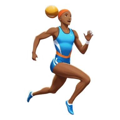 An icon showcasing various disciplines of track and field in one scene: a sprinter in full speed, a high jumper soaring over the bar, a long jumper taking off, and a discus thrower in motion. The background features a vibrant stadium with cheering crowds, bright lights, and a clear sky.  sticker