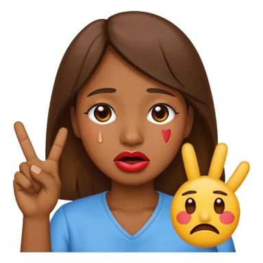 Emoji face crying while doing a kissy face holding up the peace sign sticker