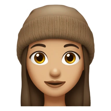 Brunette girl with bangs, big eyelashes, hazel eyes, wearing a brown beanie sticker
