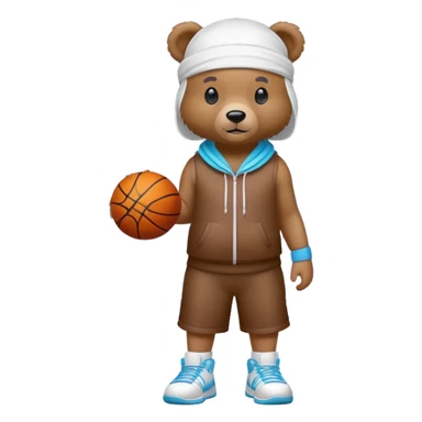 Full-body standing brown bear wearing a white durag on its head and cool colorful basketball sneakers on its feet, cute emoji style sticker