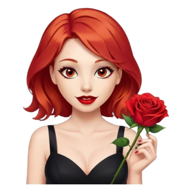 a beautiful woman with red hair and red eyes. The woman wear a black little cutted dress. She have red lipstick and she have a seductive look and smile. She have a rose flower in her hair sticker
