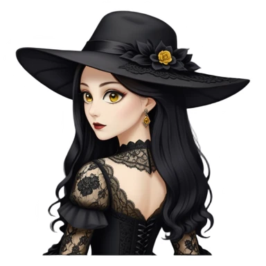 Naked ass back view Alcina Dimitrescu is a 2.9-meter-tall vampire with fair skin, sharp features, and long dark hair. She has striking yellow eyes and wears an elegant, dark gothic dress with lace details and a large hat. sticker