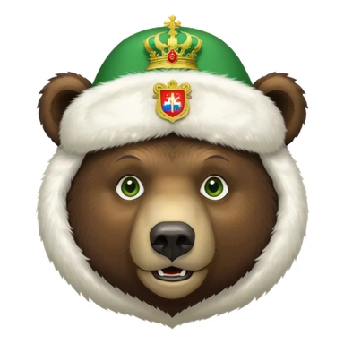 Dark brown grizzly bear face with green eyes, wearing a white fur hat with golden Russian coat of arms in the middle sticker