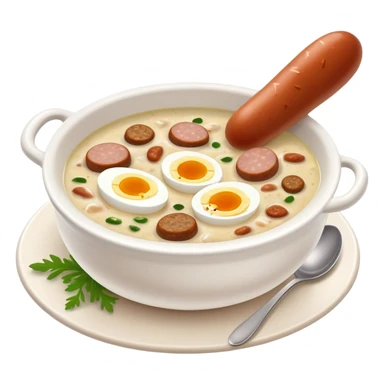 cinematic-realistic zurek-soup-dish-emoji,-depicted-as-a-tangy,-creamy-rye-soup-with-sausage-and-1 boiled egg-rendered-with-detailed-textures-and-warm,-comforting-lighting. sticker