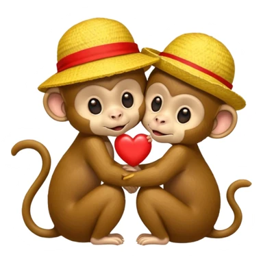 two cartoon monkeys hugging and kissing. The larger monkey is wearing a yellow straw hat like Luffy’s from One Piece. The smaller monkey is wearing a solid red headband. A small red heart floats between them to express affection. sticker
