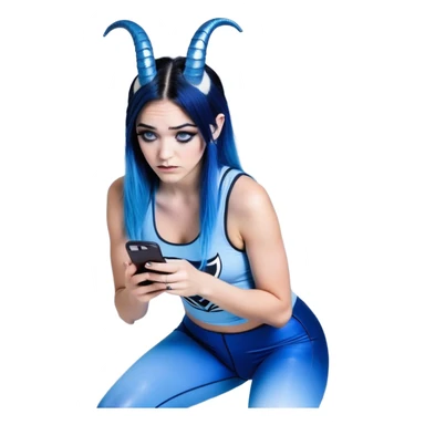 Disapponted-big tears-head back texting on phone-very very large upper body-sexy face-bending forward at waist-very long very straight dark blue to light blue ombre hair-and-blue eyes-thick black eyeliner-cute goat horns-iridescent blue lowcut tanktop with black leggings with glitter superman logo sticker