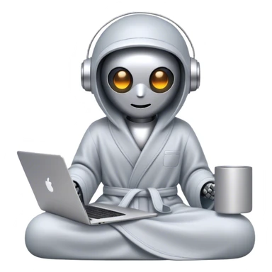 Emoji of a remote-working robot in a cozy smooth bathrobe with a laptop. The robot has a sleek helmet-like head with glowing digital eyes. Relaxed yet high-tech vibe. sticker