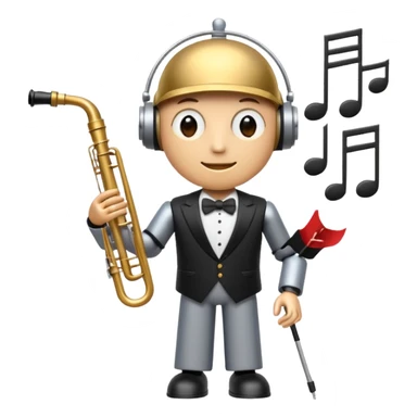 robot a sophisticated and elegant emoji that represents orchestration and arrangement. The design should feature a conductor’s baton, musical notes, and a symphonic score, symbolizing the process of arranging and orchestrating music. Incorporate instruments like a violin, trumpet, sticker