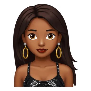 Chilli from TLC with long dark brown hair, black sequin crop top, black earring sticker