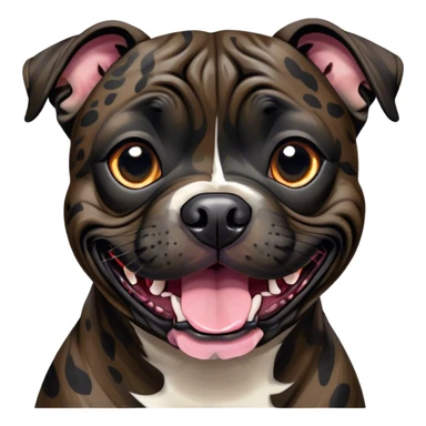 Cinematic Comical Black/Brindle Staffordshire Bull Terrier Portrait Emoji, Head tilted dramatically with an exaggeratedly amused expression, featuring a striking Fur with bold black and brindle patterns, wide, expressive dark eyes filled with playful disbelief, Simplified yet hilariously expressive features, highly detailed, glowing with a slightly sassy glow, high shine, dramatic yet playful, stylized with an air of cheeky mischief, bright and endearing, soft glowing outline, capturing the essence of a spirited and over-the-top guardian, so meme-worthy it feels like it could side-eye its way into internet fame instantly! sticker