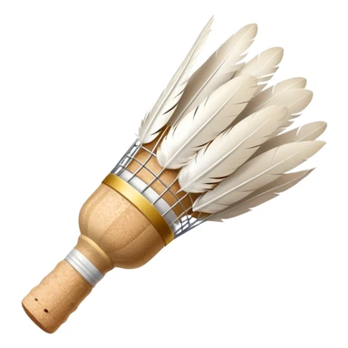 a common badminton shuttlecock with white feathers and cork base sticker
