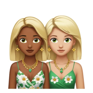 There will be two young women. One with dark brown skin, brown eyes, blonde hair, wearing a lot of necklaces and earrings. The other woman with green eyes, white skin, blonde hair, wearing a necklace and earrings, both wearing flowery dresses. sticker