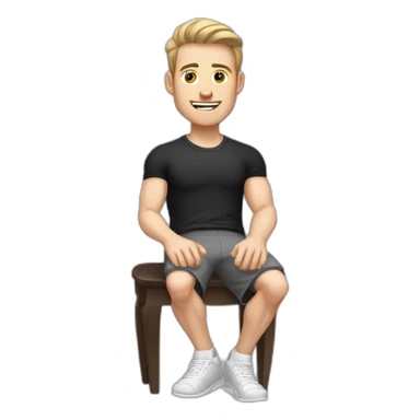 Pale skinned Fit Man With the biceps and dark brown hair in black shirt, gray sports shorts and white Sneakers Sitting on a chair sticker