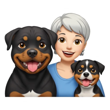 Pitt bull rottweiler white muzzle with black spots tongue out next to one older woman with short silver hair sticker