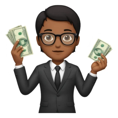 Rich man holding money with his left hand, wearing suit and glasses black hair, brown skin sticker