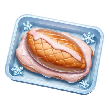 A pack of frozen chicken breasts sealed in transparent plastic packaging, covered with frost and ice crystals. The meat looks pale pink with a slight icy glaze, sitting in a freezer with cool blue lighting. Realistic detail, cold atmosphere, food photography style. sticker
