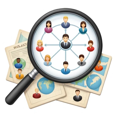 An icon featuring a group of diverse people, a social network diagram, and a magnifying glass, symbolizing sociology. The design includes charts and interconnected lines, representing the study of societies, relationships, and social behavior. Transparent background highlights social analysis. sticker