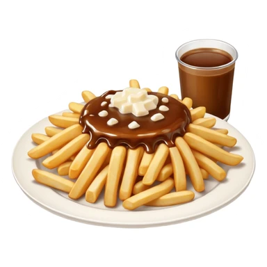 poutine, québec, white cheese curds with gravy on fries in a white plate sticker