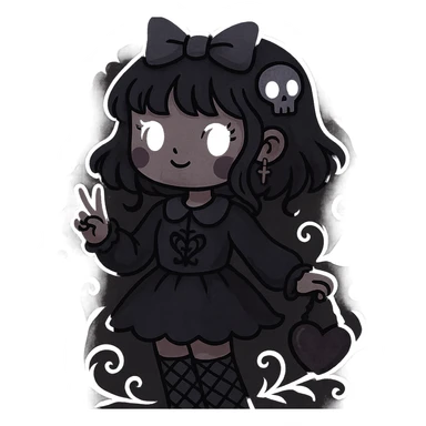 Edit the image of a gothic K-pop girl in a dreamy pastel goth style with a darker color palette and gothic details. The girl should have a whimsical pose and cute accessories. Remove the background. The style should reflect dreamy pastel goth with gothic elements and a darker color scheme. sticker