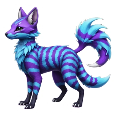 Feral Rare Fantasy  Black-Dark-Vortexed Lightning-strike-zig-zag-patterned striking purple-indigo-violet-blue-cyan-gradients with black points, white underside, galactic stormy edgy badass realistic Vernid-Sergal-Genet-Trico-species by LiLaiRa, random markings, tufted tail, tufted ears, full body sticker