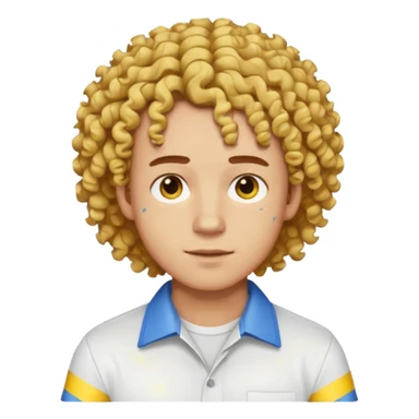 Make me an emoji that has a guy with a white shirt and yellow tape around the shirt with brown and blue spots hair make the hair curly make the yellow tape go around it sticker
