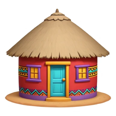 African mud hut tribal house, round adobe clay hut, thatched roof, bright colorful paint, walls in turquoise, red, yellow, purple, tribal patterns, cute mobile game icon, 3D cartoon, soft shadows, clean background, no text, no watermark sticker