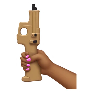 Tan hand with pink long nails, holding a black and gold water gun sticker