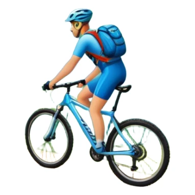 An icon featuring majestic mountains, lush green valleys, and a bright blue sky with fluffy clouds. The sun casts warm light over the landscape, emphasizing the beauty of outdoor cycling and a mountain bike standing on a scenic trail. sticker