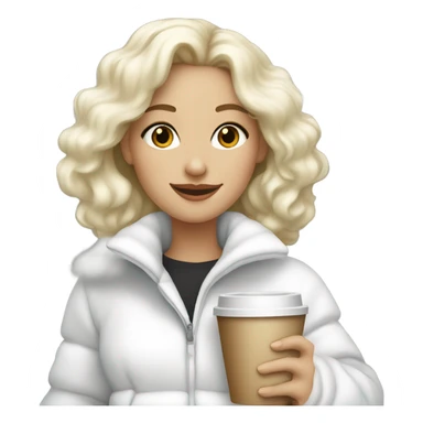 blonde girl wearing white fluffy jacket and a coffee to go in hand all dress white and a white bow on hair sticker