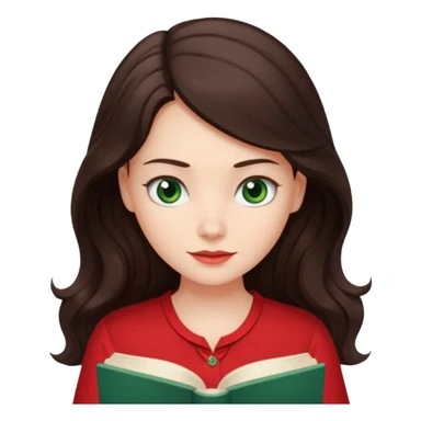 Long wavy dark brown haired, white skinned, dark green eyed girl in red blouse reading a book with a white background  sticker