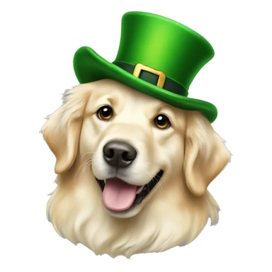 English cream golden retriever wearing a leprechaun hat sticker