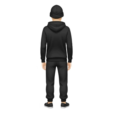 fullbody Mysterious shy caucasian man in black hoodie on head, hands in pockets and black pants rear backview sticker