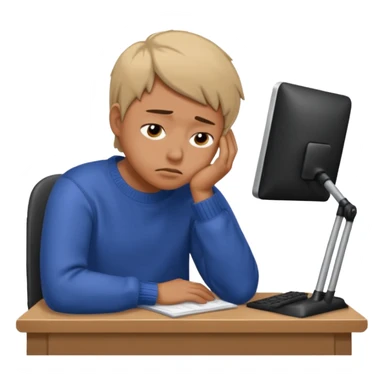 A person wearing a jumper experiencing burnout, exhausted and overwhelmed, tired eyes, slumped posture, sitting at a desk, iOS emoji style sticker