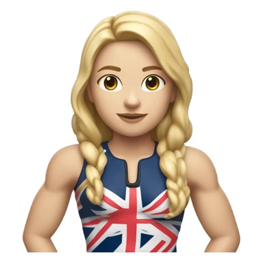 A girl with long blonde hair with wide shoulders wearing a Great Britain rowing swimming suit and has toned muscles and add a necklace that has a sea shell pendant on it. The necklace is around the neck and the pendant is on her chest  sticker